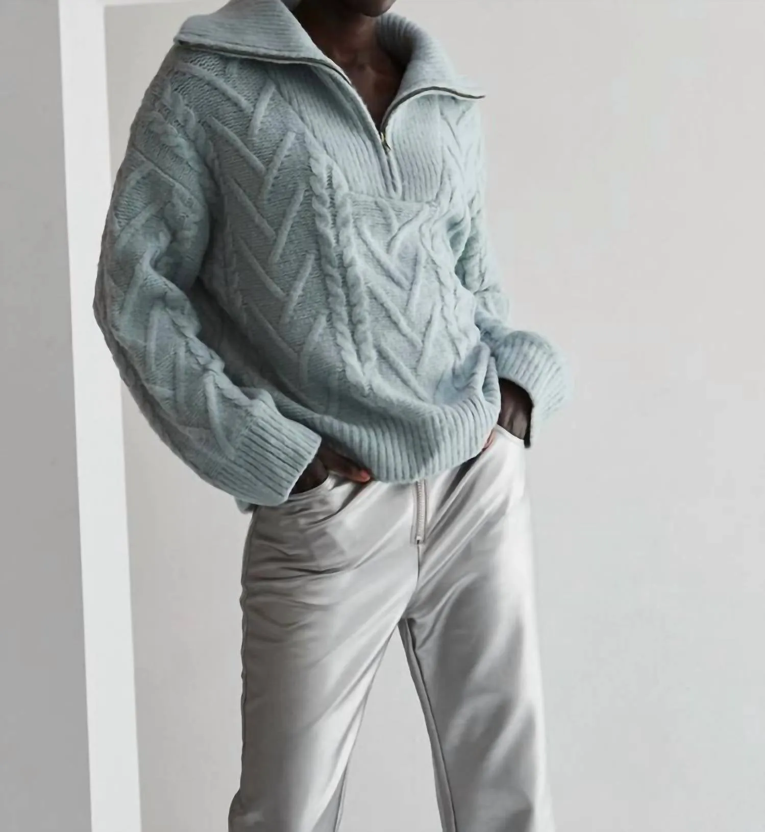 Knit Front Zip Sweater In Ice Blue