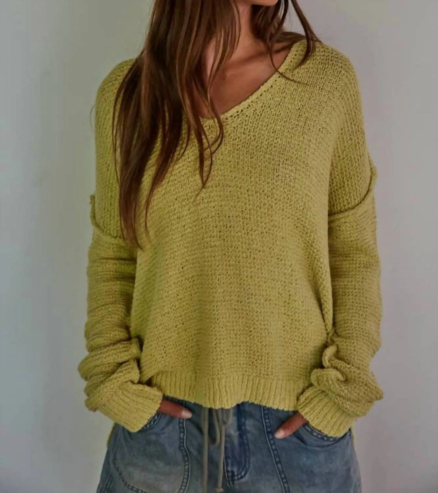 Knit Sweater V-Neck Long Sleeve Top In Dusty Yellow