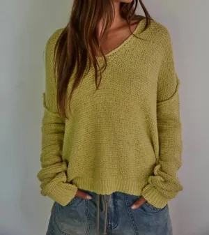 Knit Sweater V-Neck Long Sleeve Top In Dusty Yellow
