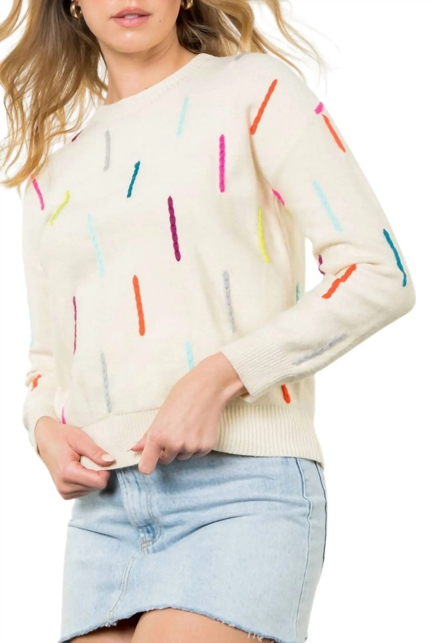 Knitted Detail Sweater In Cream