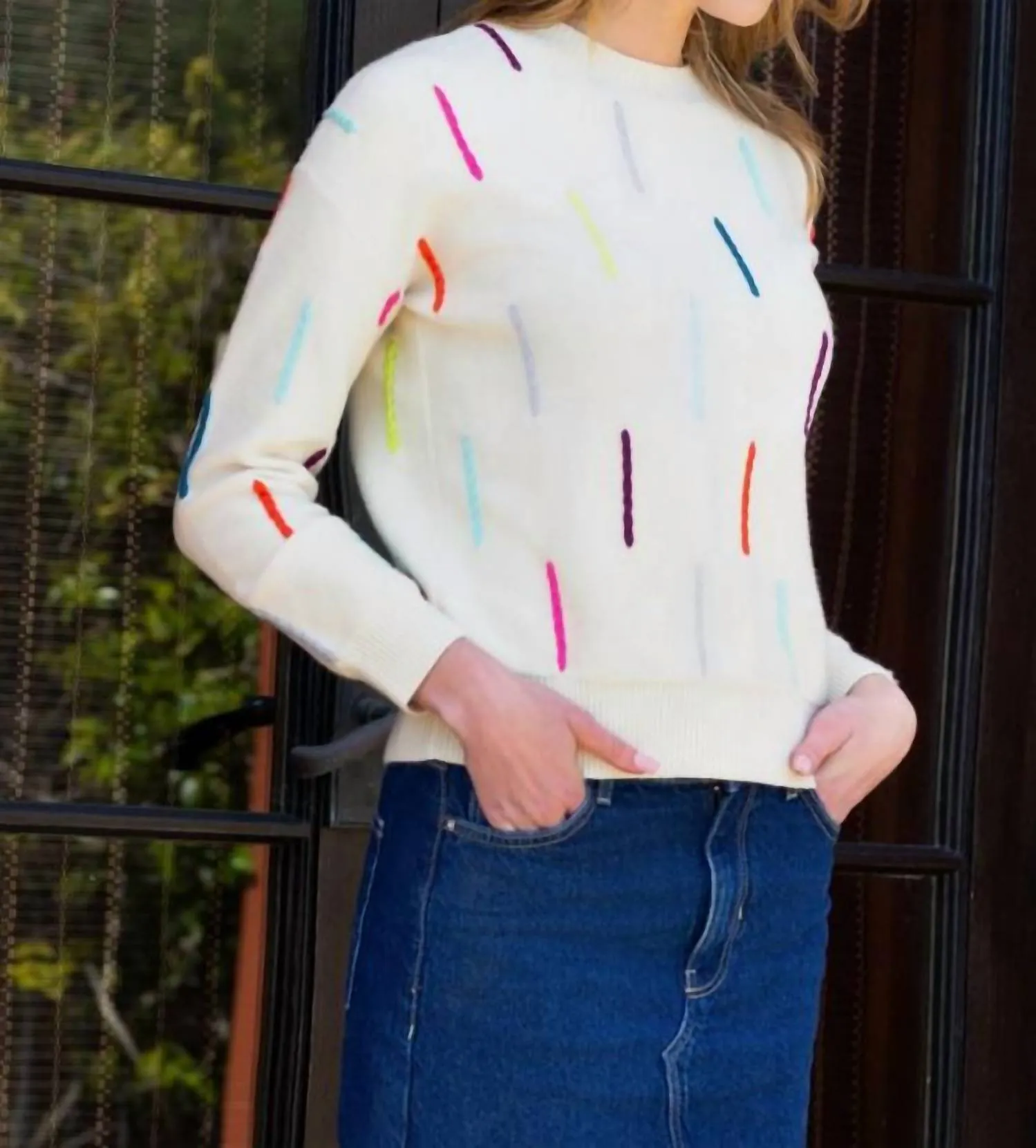 Knitted Detail Sweater In Cream