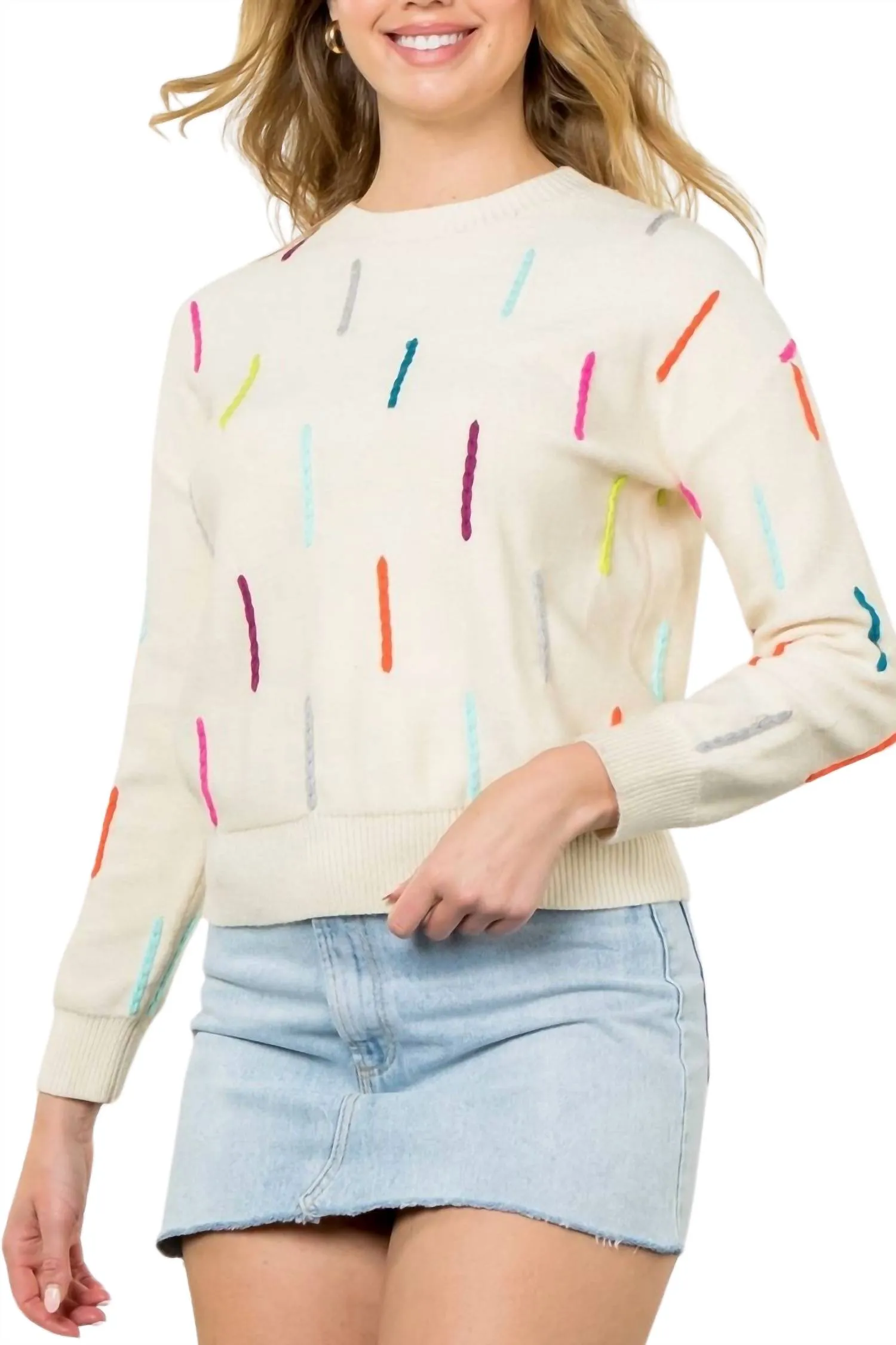 Knitted Detail Sweater In Cream