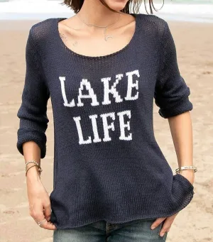 Lake Life Crew Cotton Sweater In Darkest Indigo/breaker White