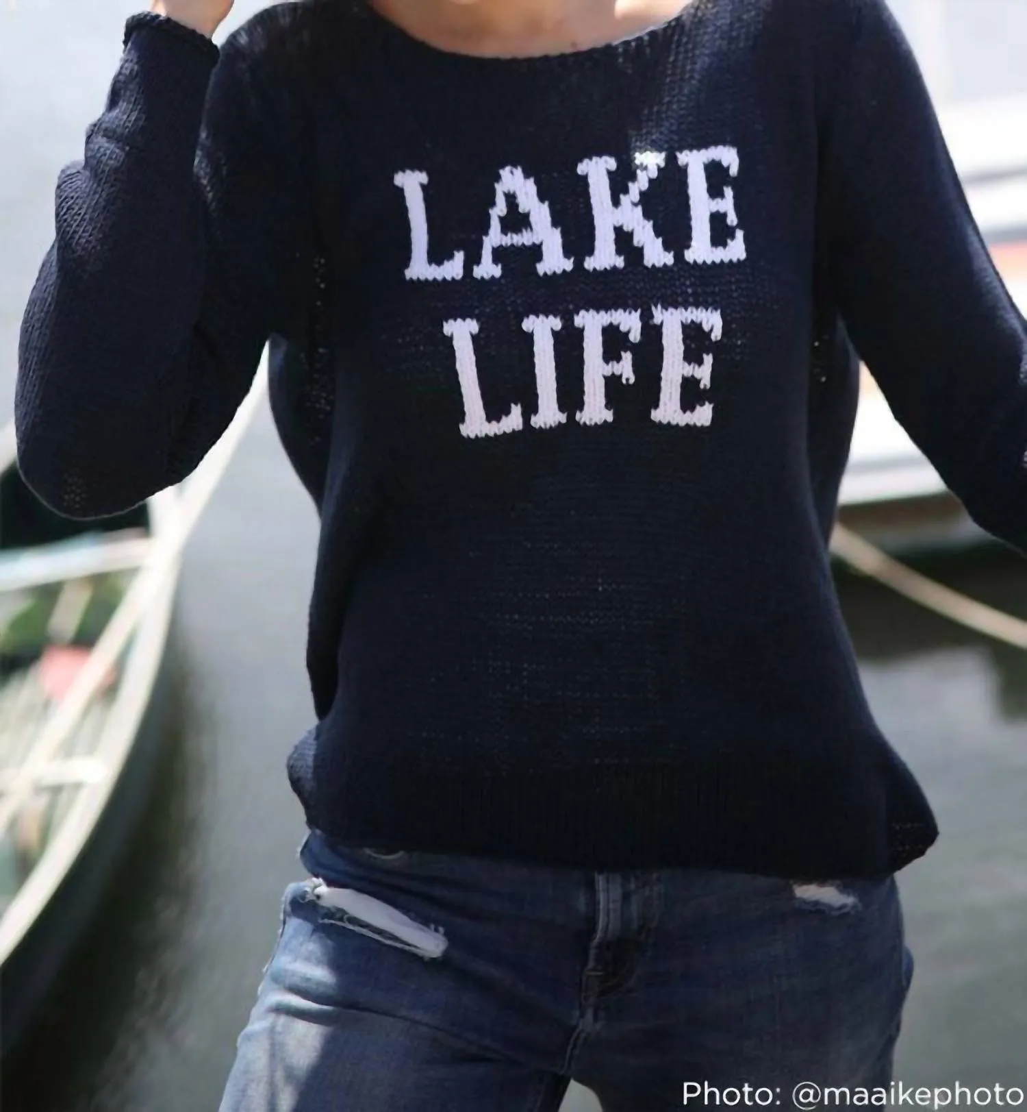 Lake Life Crew Cotton Sweater In Darkest Indigo/breaker White