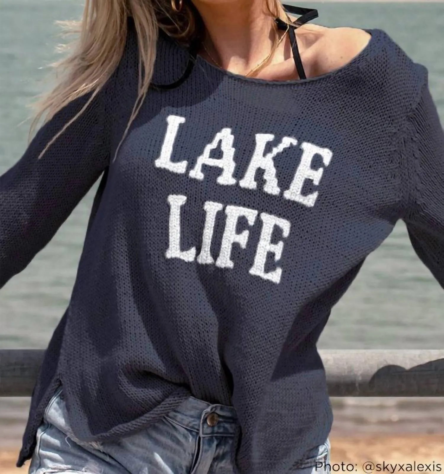 Lake Life Crew Cotton Sweater In Darkest Indigo/breaker White