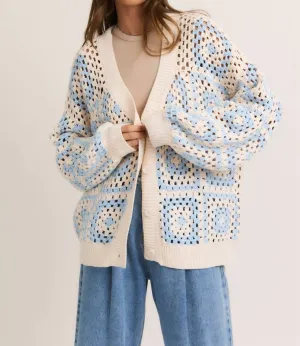 Landree Crochet Cardigan In Light Sky Blue/cream