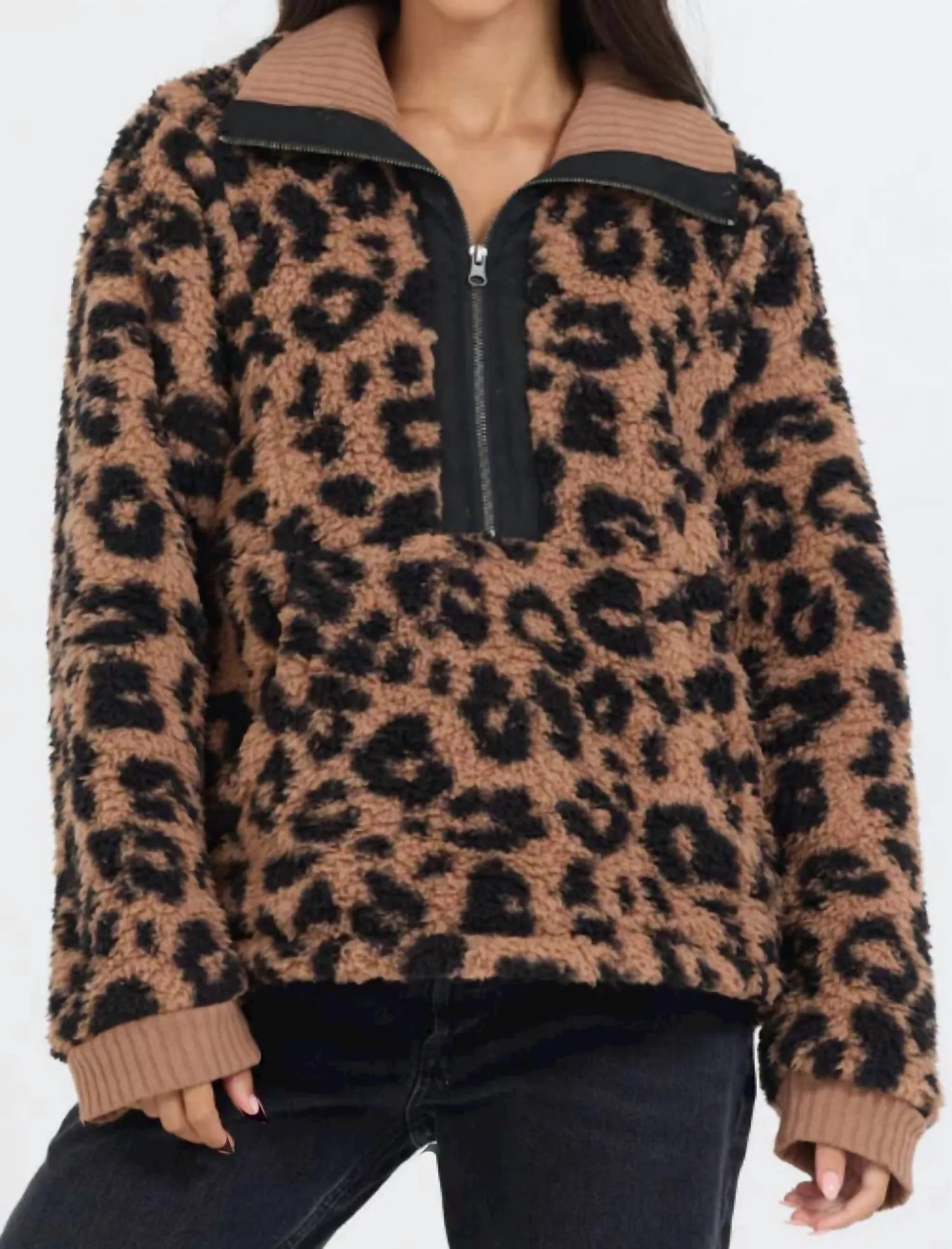 Leopard Sherpa Pullover In Brown