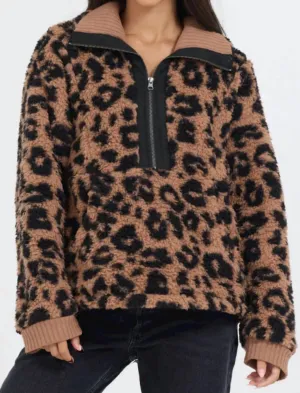 Leopard Sherpa Pullover In Brown