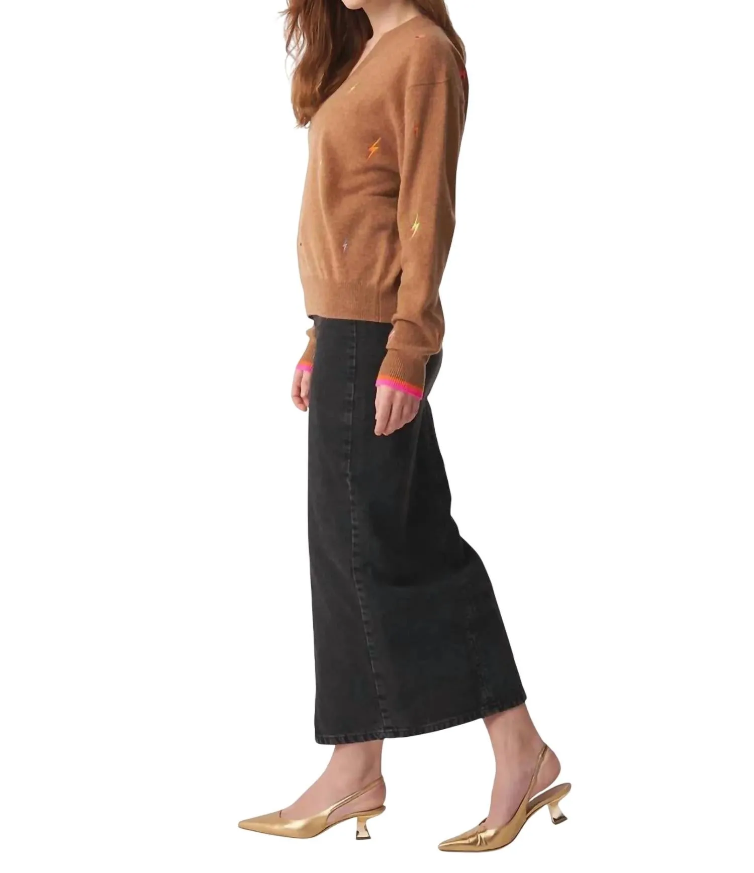 Lightning Bolt V-Neck Sweater Top In Chestnut