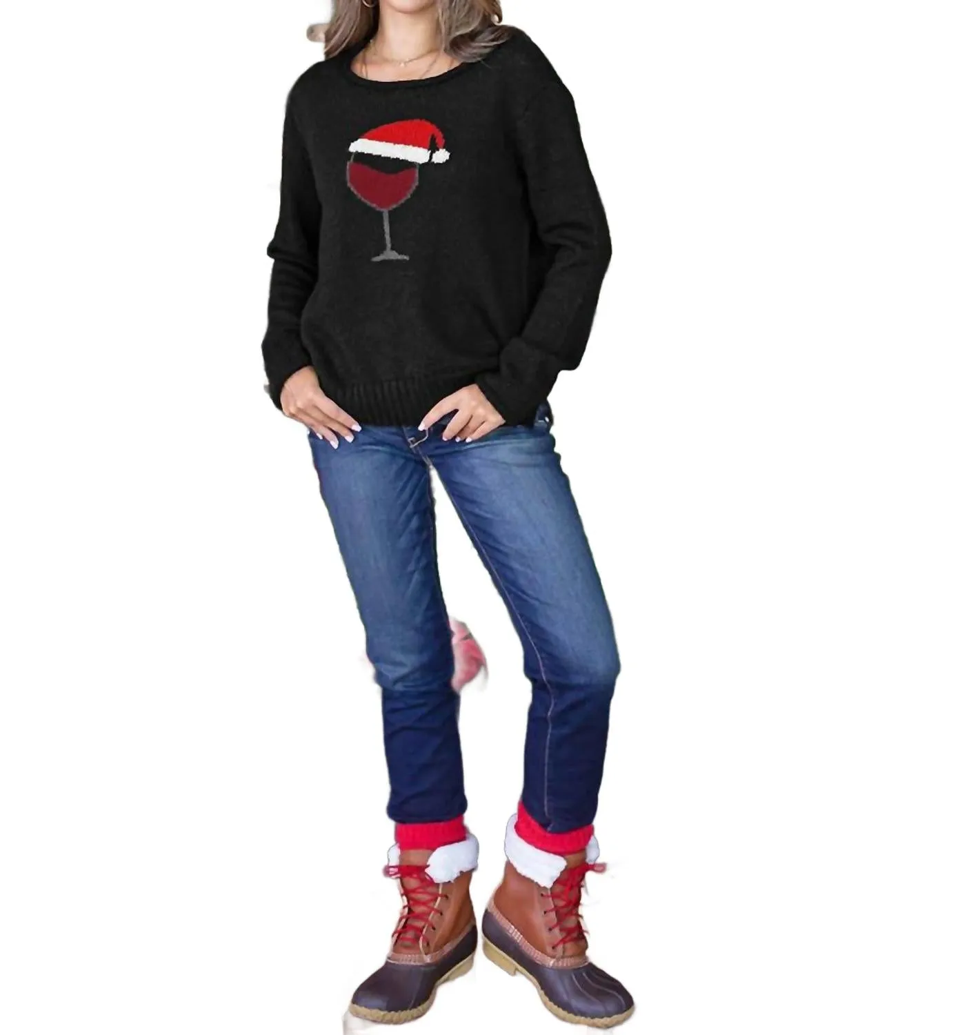 Lightweight Santa Wine Crew Sweater In Black