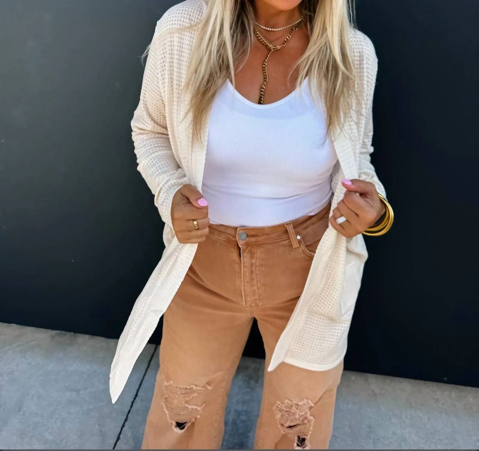 Lola Waffle Knit Cardigan In Ivory