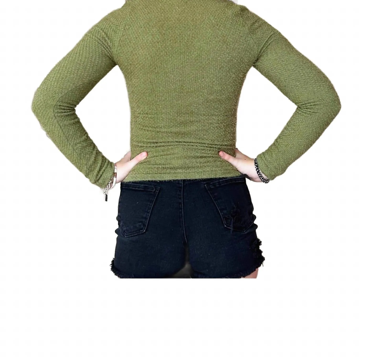 Long Sleeve Furry V Neck Sweater In Verde Moss