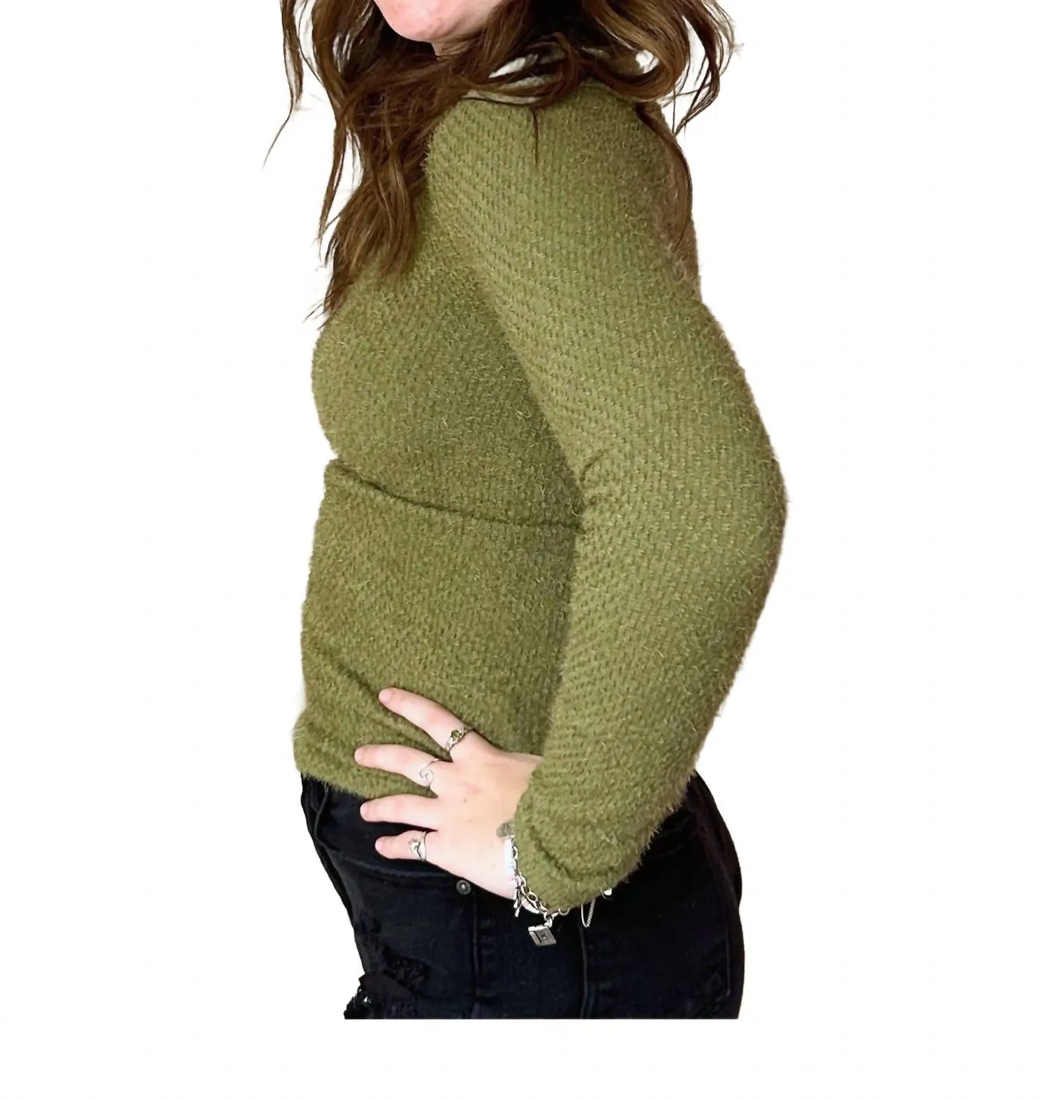 Long Sleeve Furry V Neck Sweater In Verde Moss