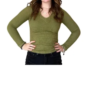 Long Sleeve Furry V Neck Sweater In Verde Moss