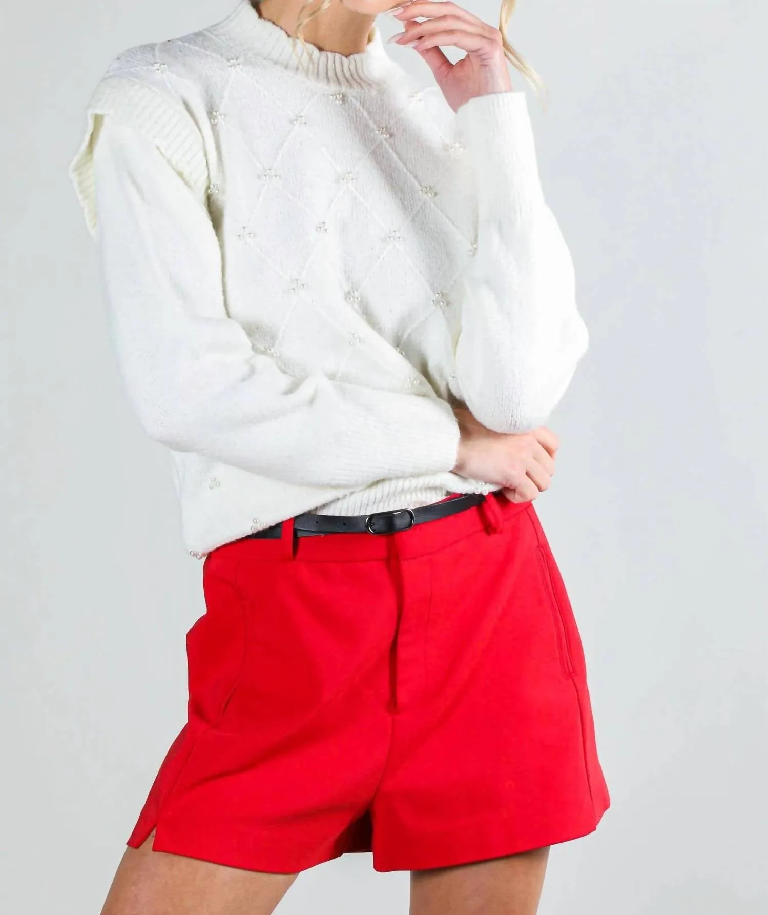 Long Sleeve Pearl Detail Sweater In Off White