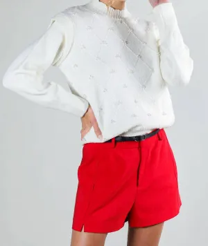 Long Sleeve Pearl Detail Sweater In Off White