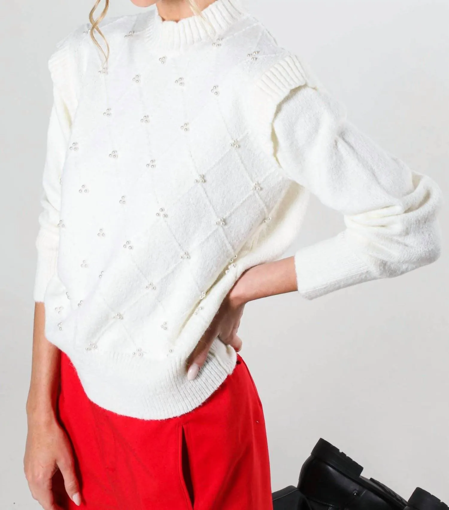 Long Sleeve Pearl Detail Sweater In Off White