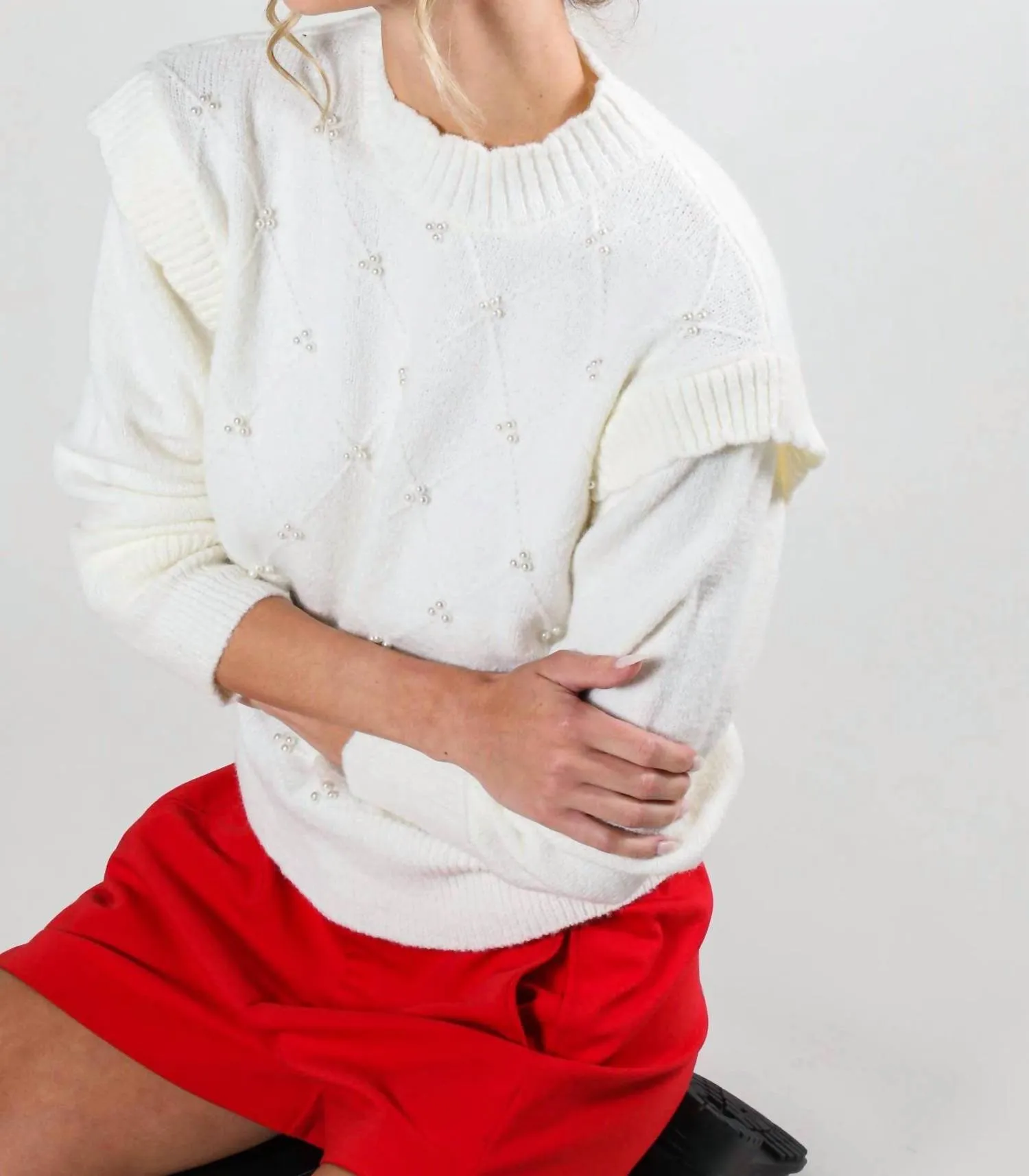 Long Sleeve Pearl Detail Sweater In Off White