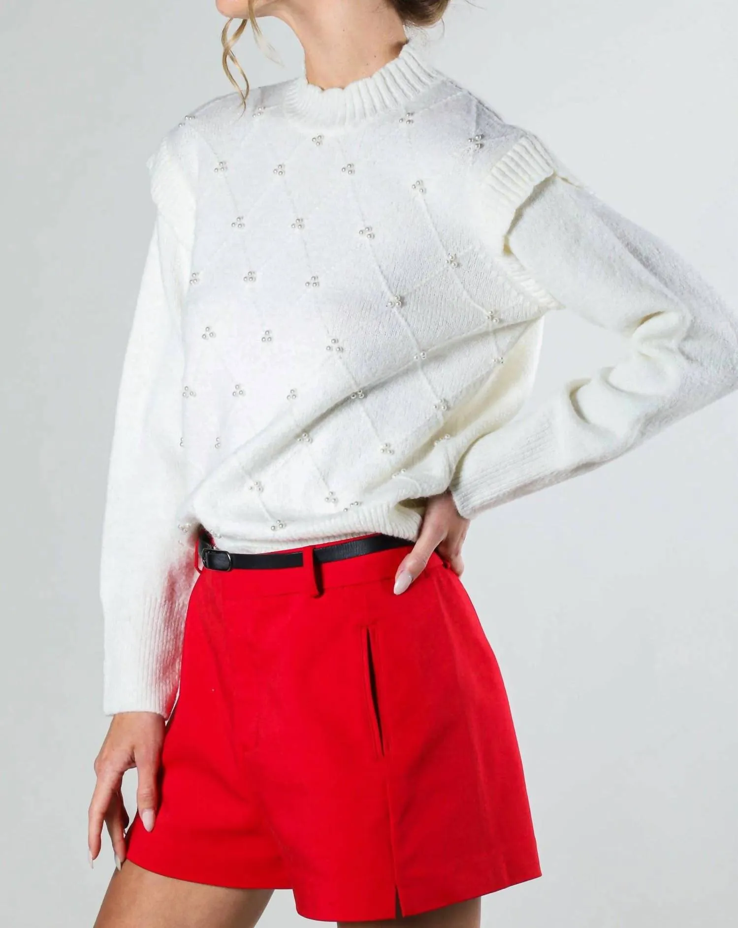 Long Sleeve Pearl Detail Sweater In Off White