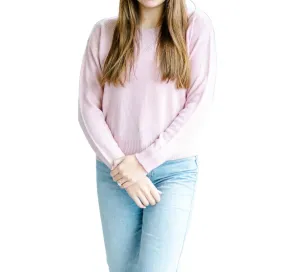 Long Sleeve Round Neck Waffle Sweater In Pale Pink