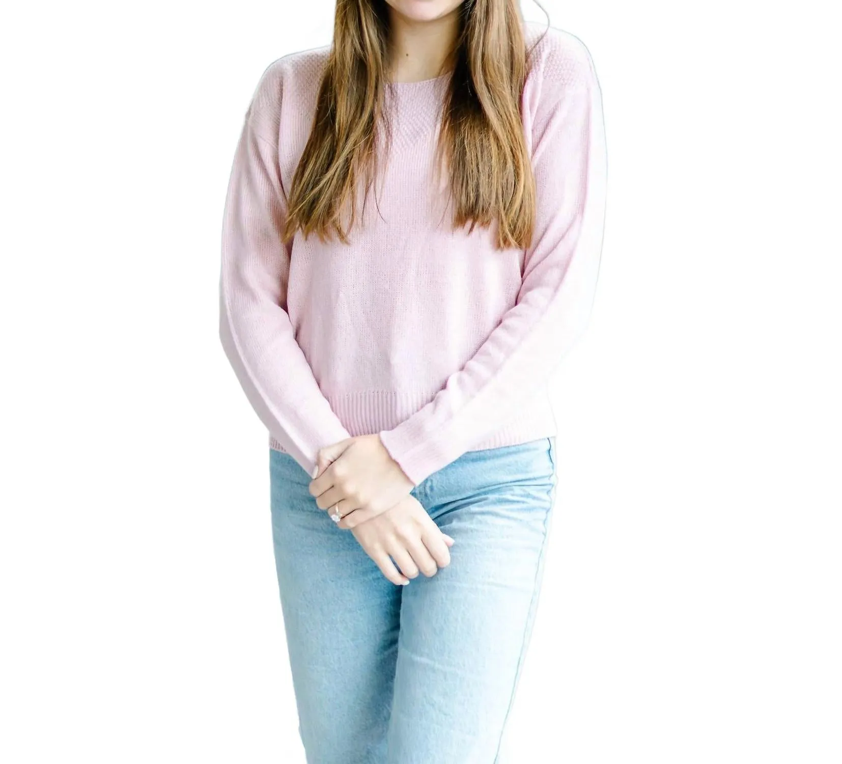 Long Sleeve Round Neck Waffle Sweater In Pale Pink