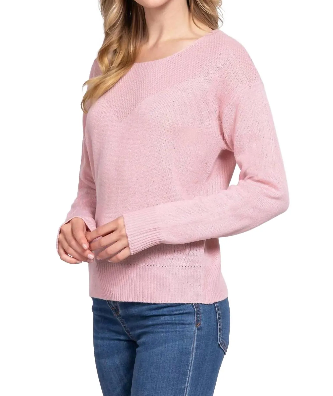 Long Sleeve Round Neck Waffle Sweater In Pale Pink