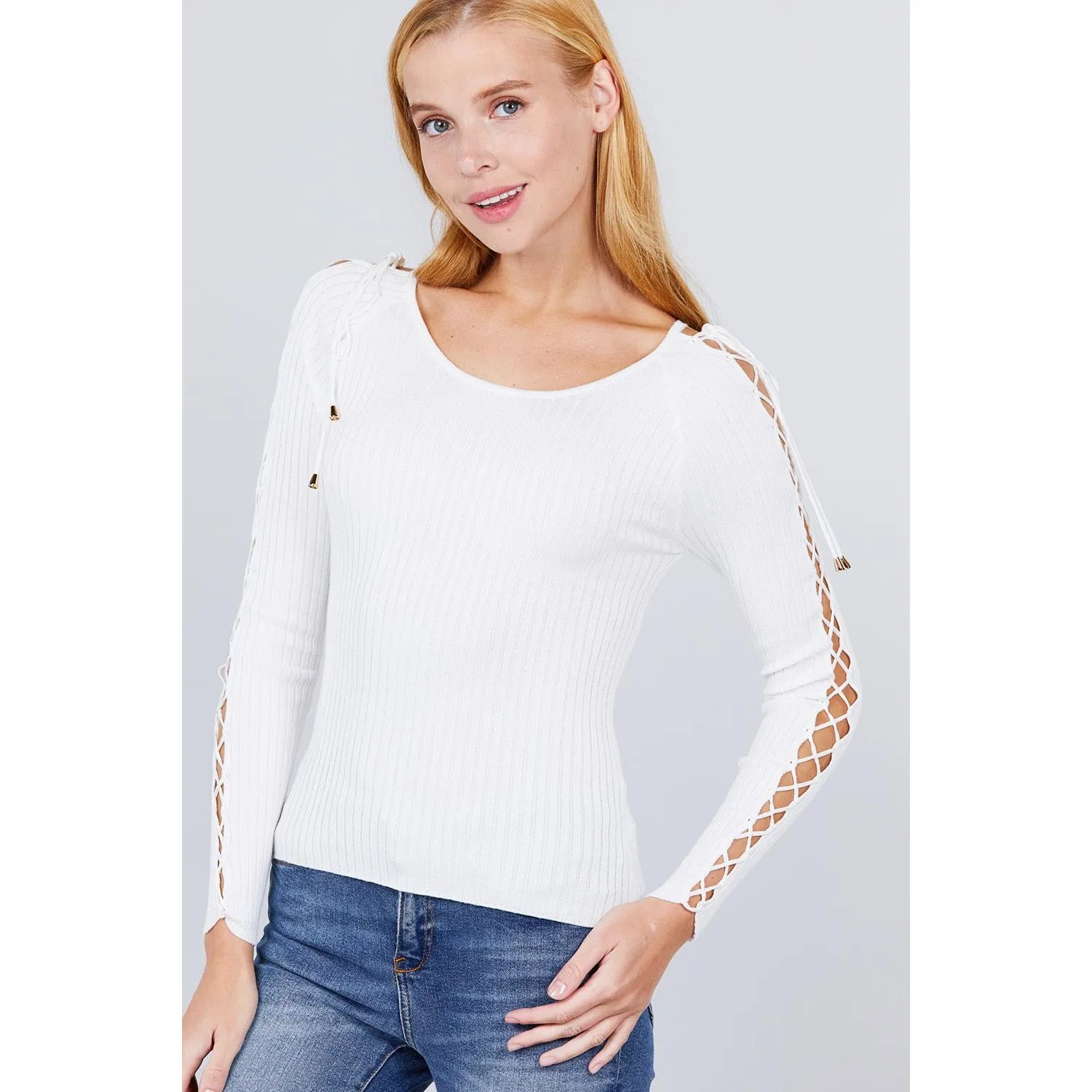 Long Sleeve W/strappy Detail Round Neck Rib Sweater Top