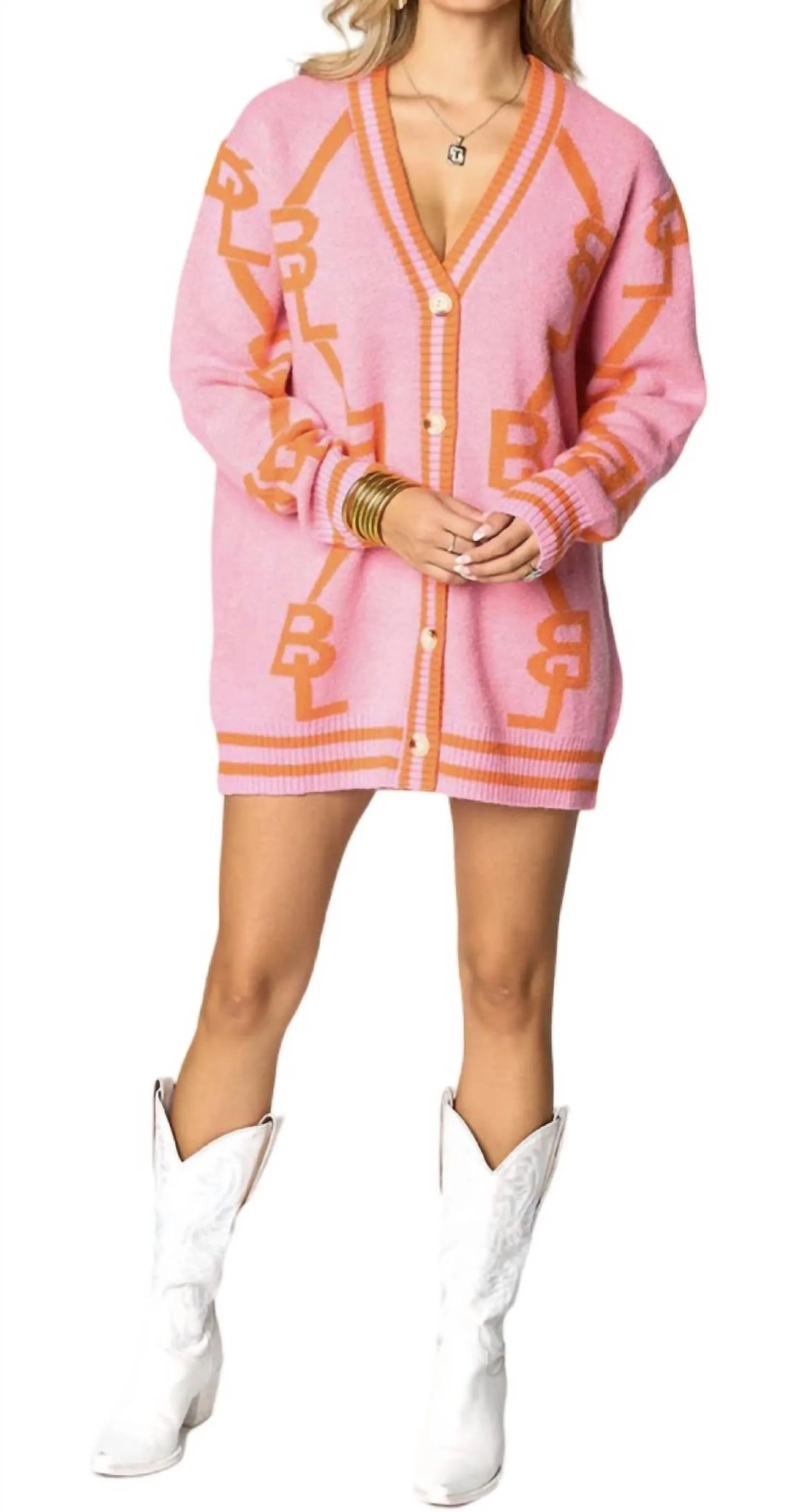 Long Sleeves Cardigan In Pink And Orange