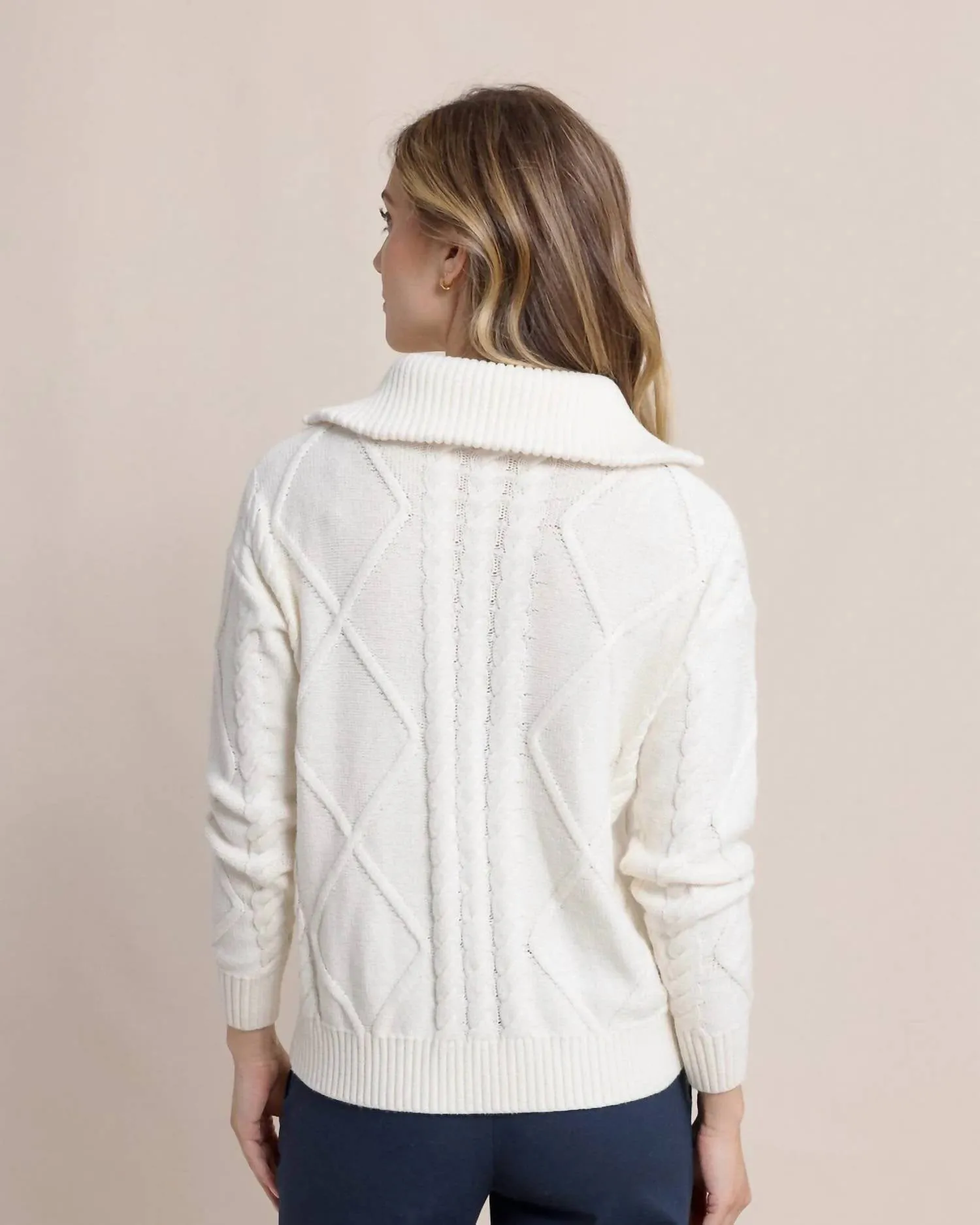 Marta Cable Knit Quarter Zip Sweater In Sand White