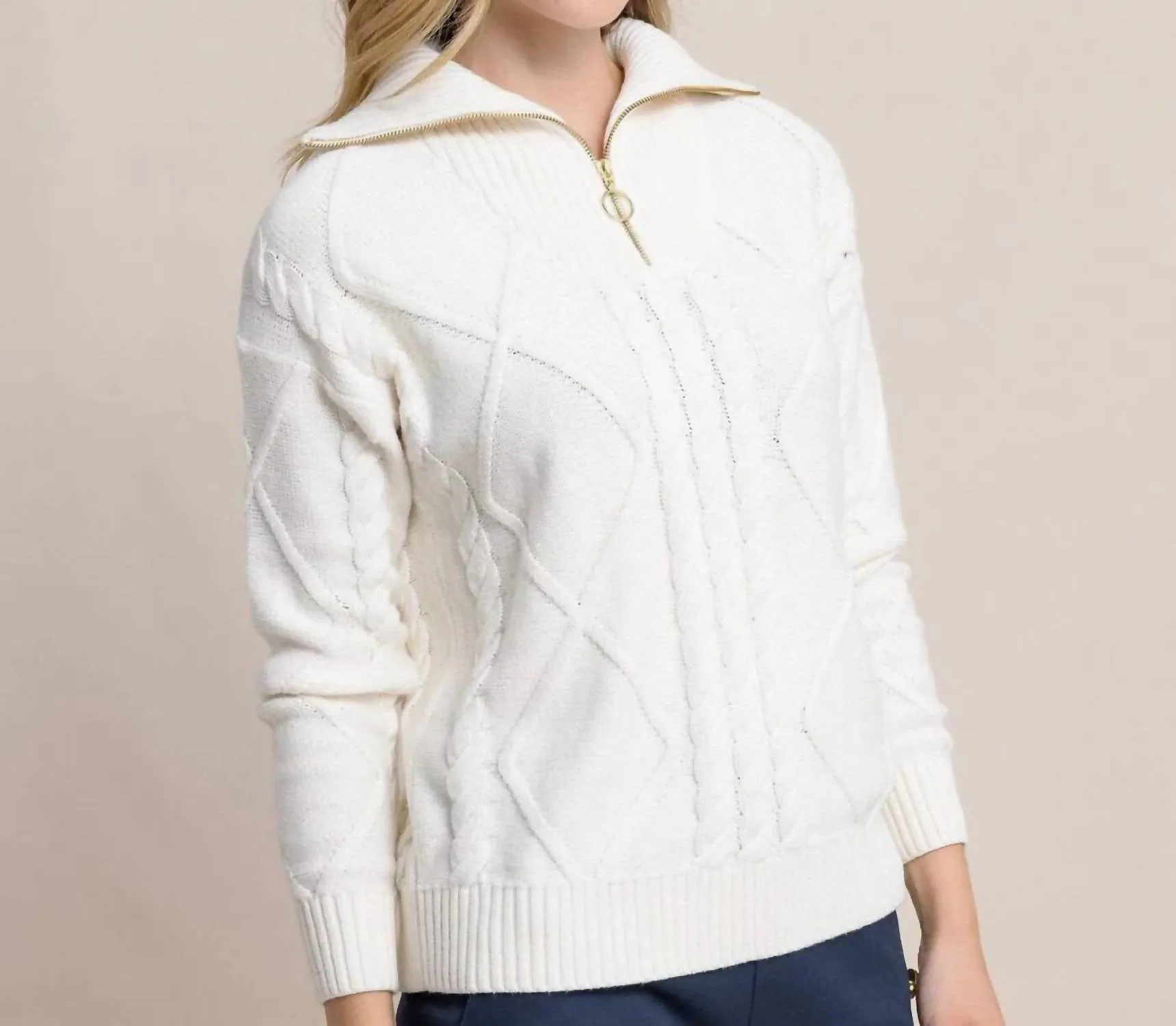 Marta Cable Knit Quarter Zip Sweater In Sand White