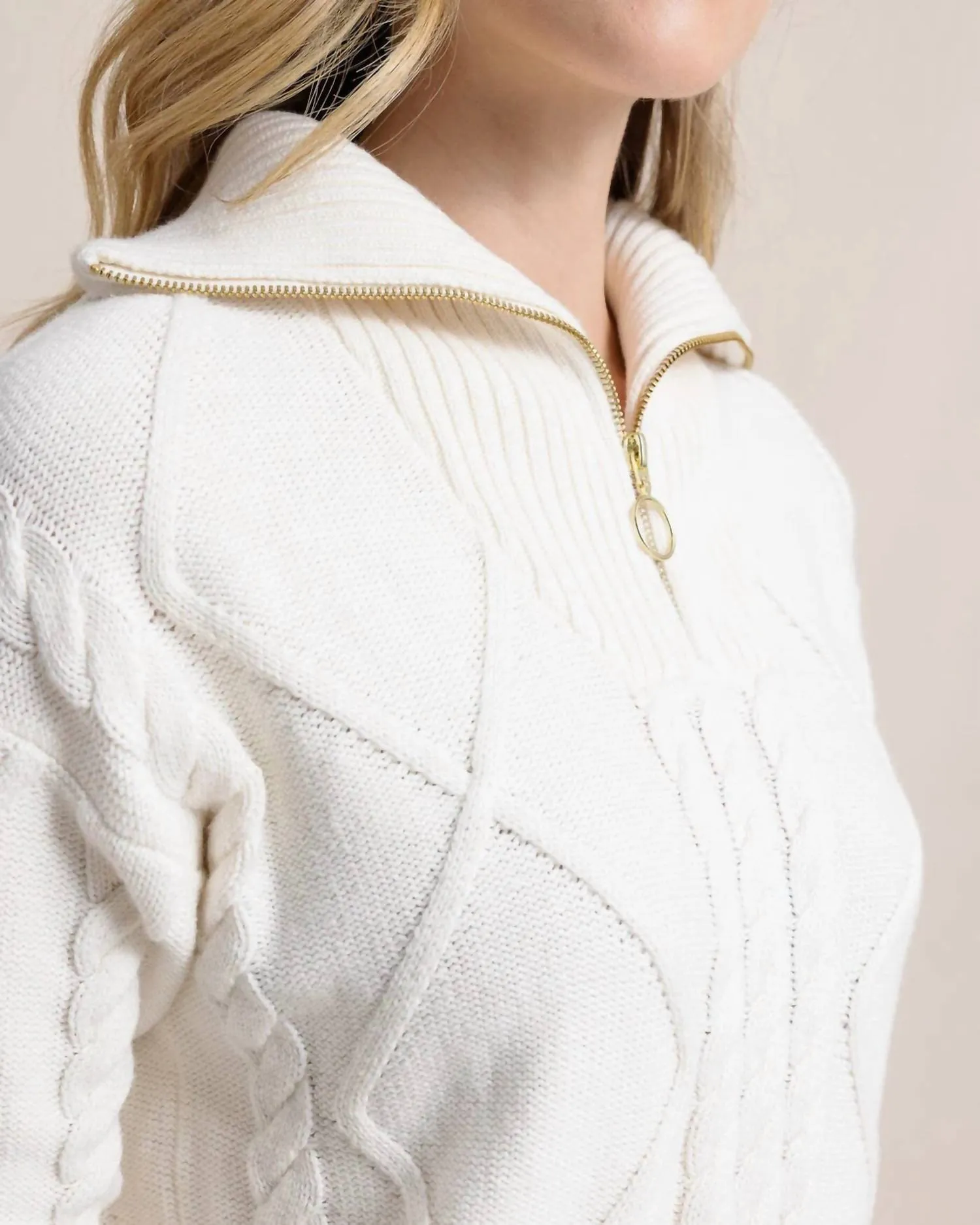 Marta Cable Knit Quarter Zip Sweater In Sand White