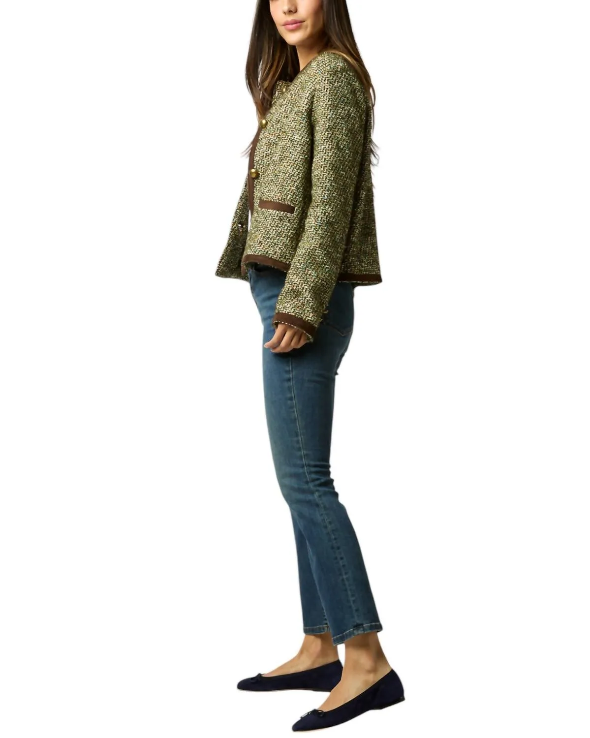 Megan Cardigan Jacket In Green/multi Tweed