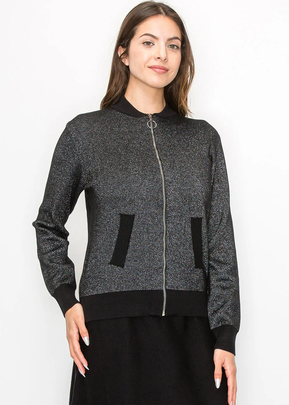 Metallic Silver Knit Bomber Jacket