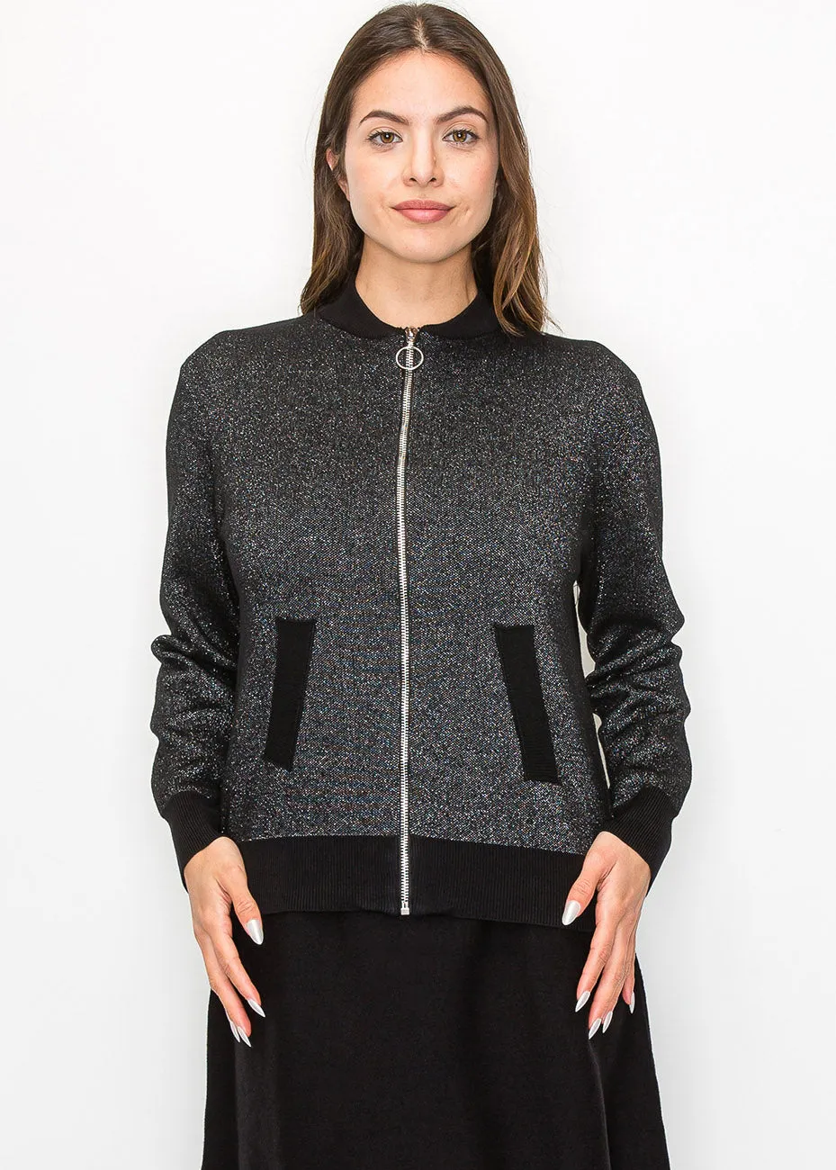 Metallic Silver Knit Bomber Jacket