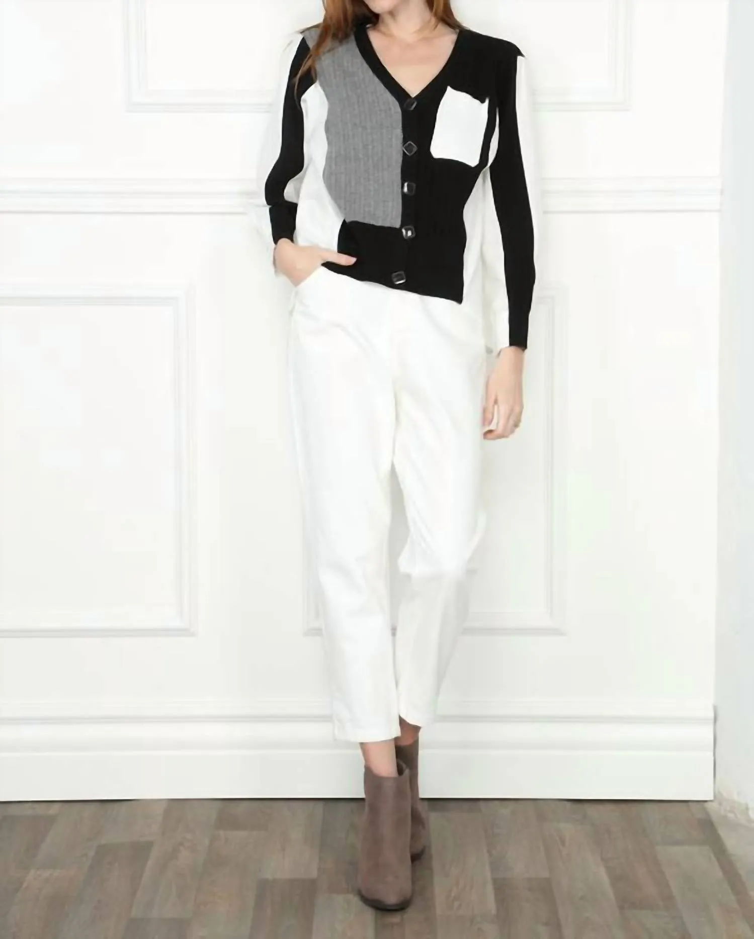Mix Media Shirt Cardigan In Black/white