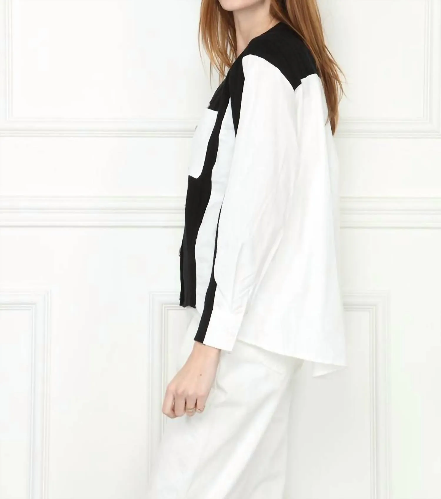 Mix Media Shirt Cardigan In Black/white
