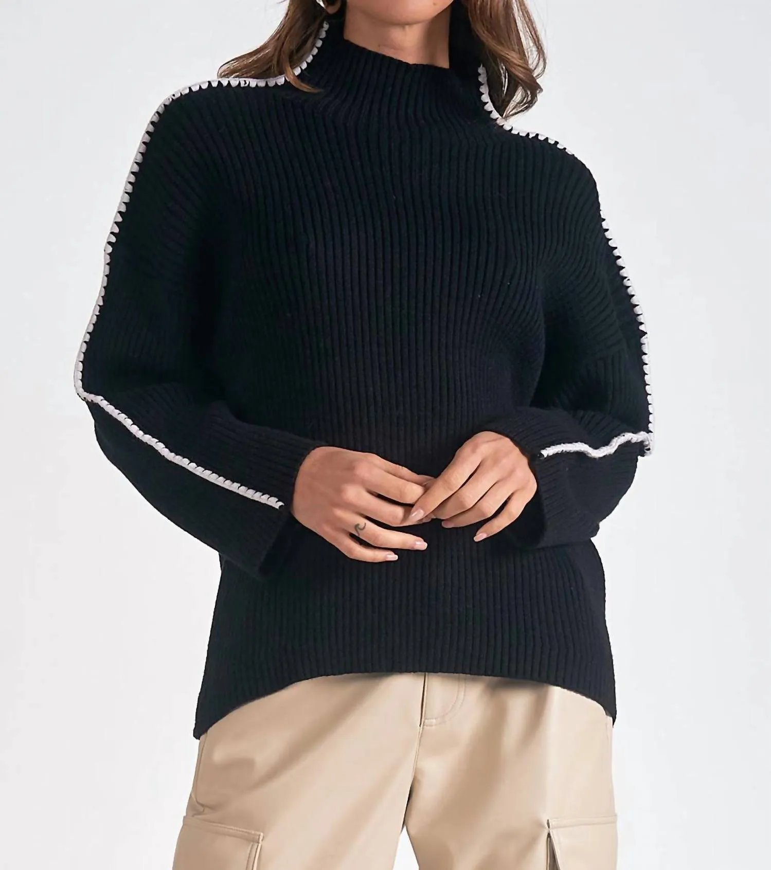 Mock Neck Trimmed Sweater In Black
