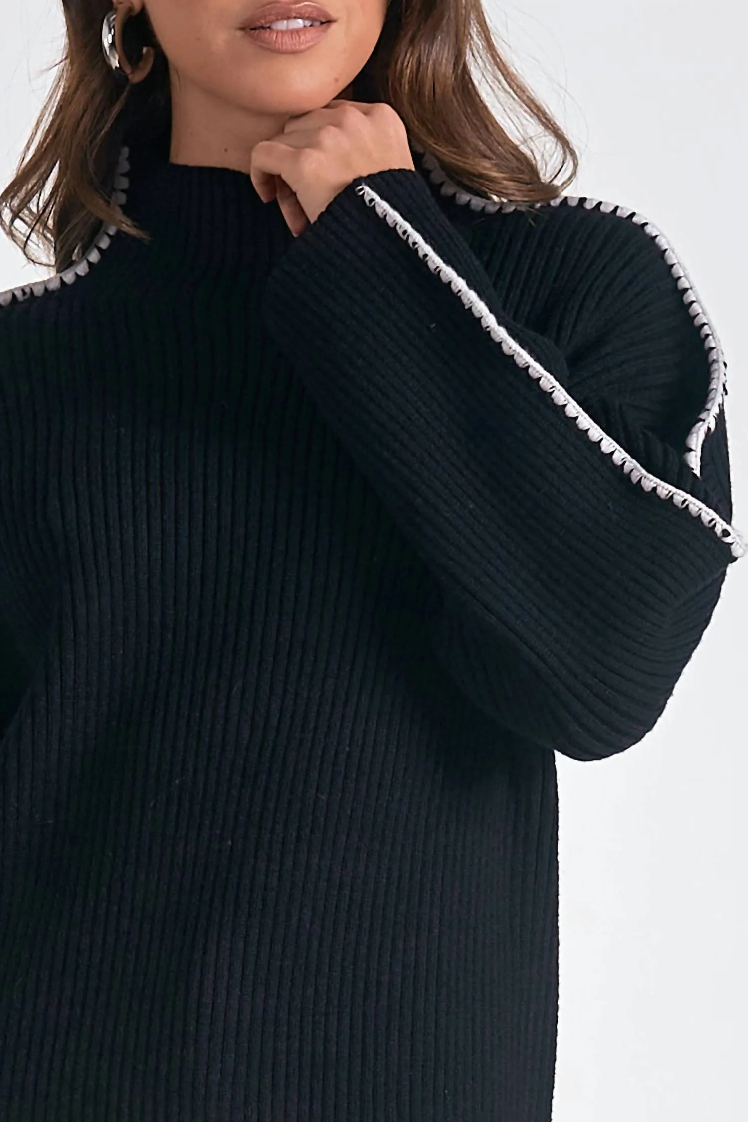 Mock Neck Trimmed Sweater In Black