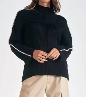 Mock Neck Trimmed Sweater In Black