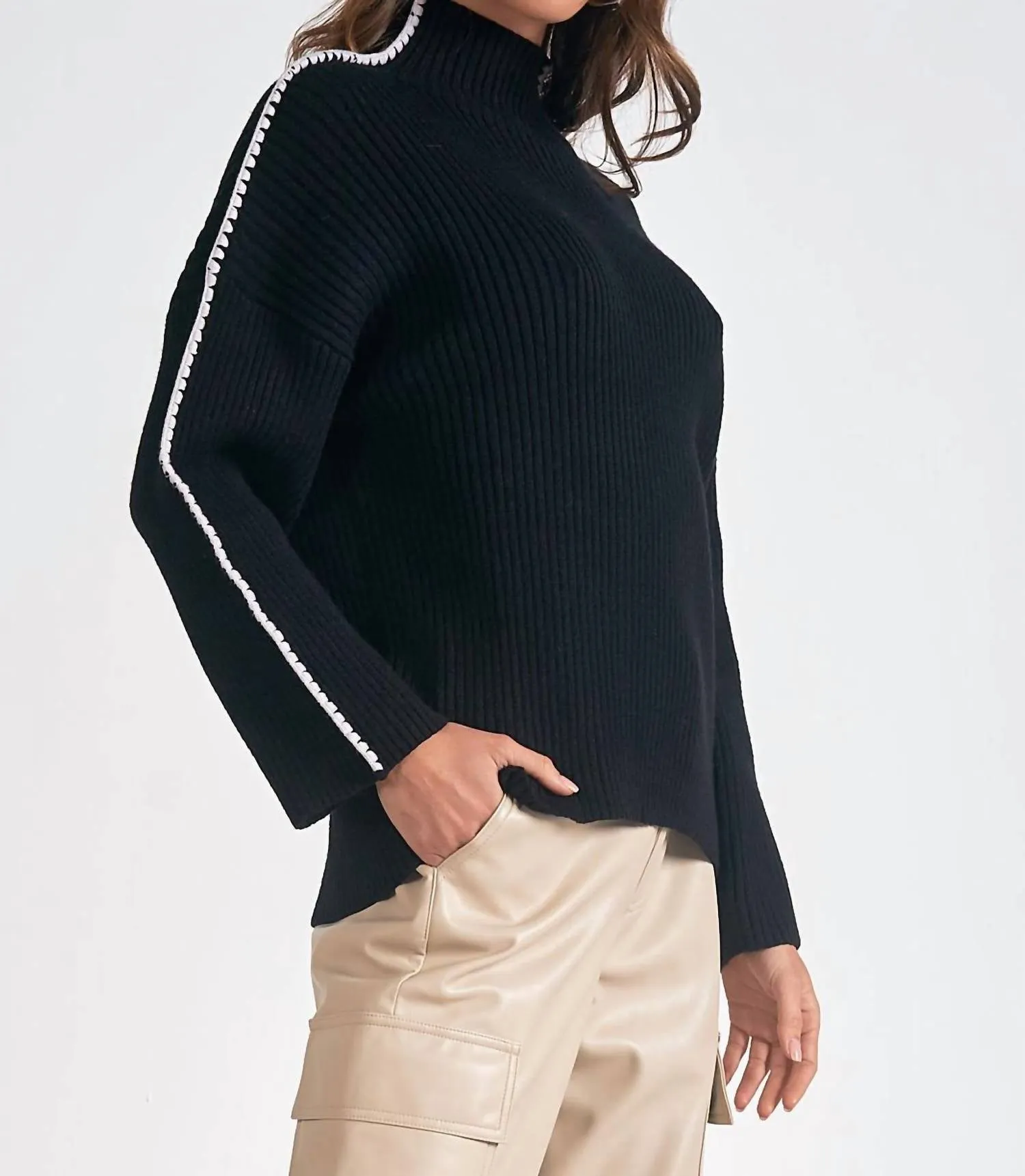 Mock Neck Trimmed Sweater In Black