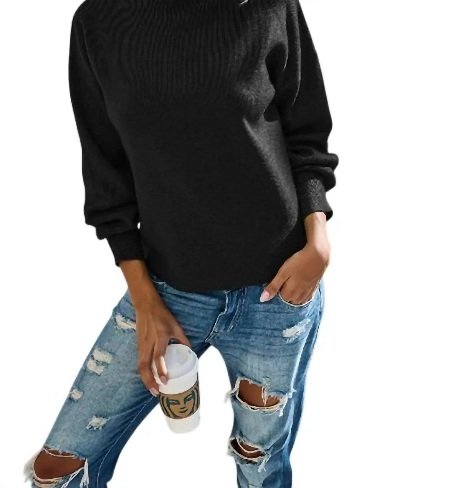 Mockneck Long Sleeve Sweater In Black