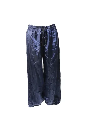Monse Snap-Embellished Pinstriped Wide-Leg Pants in Navy Blue Satin