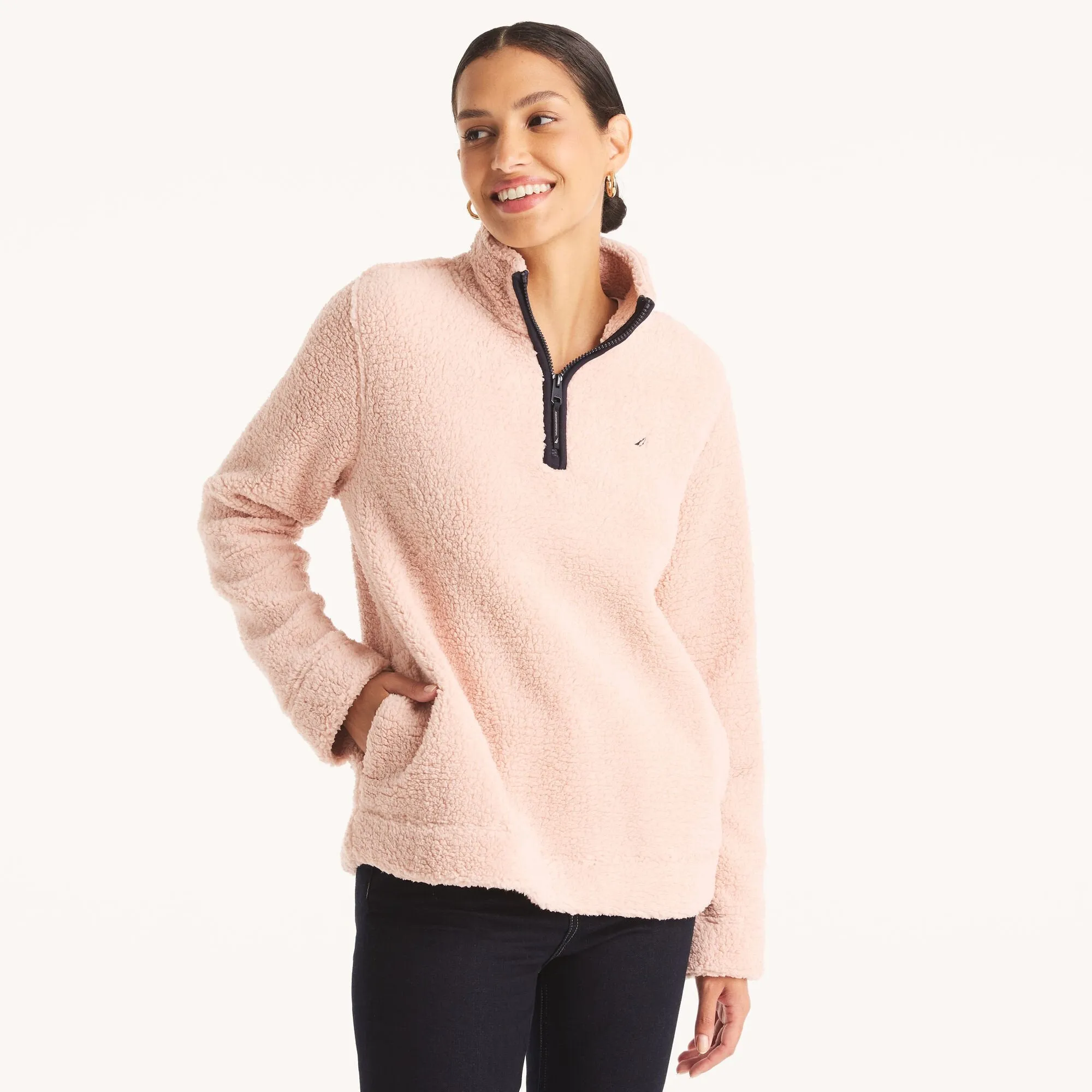 Nautica Womens Quarter-Zip Faux Shearling Pullover