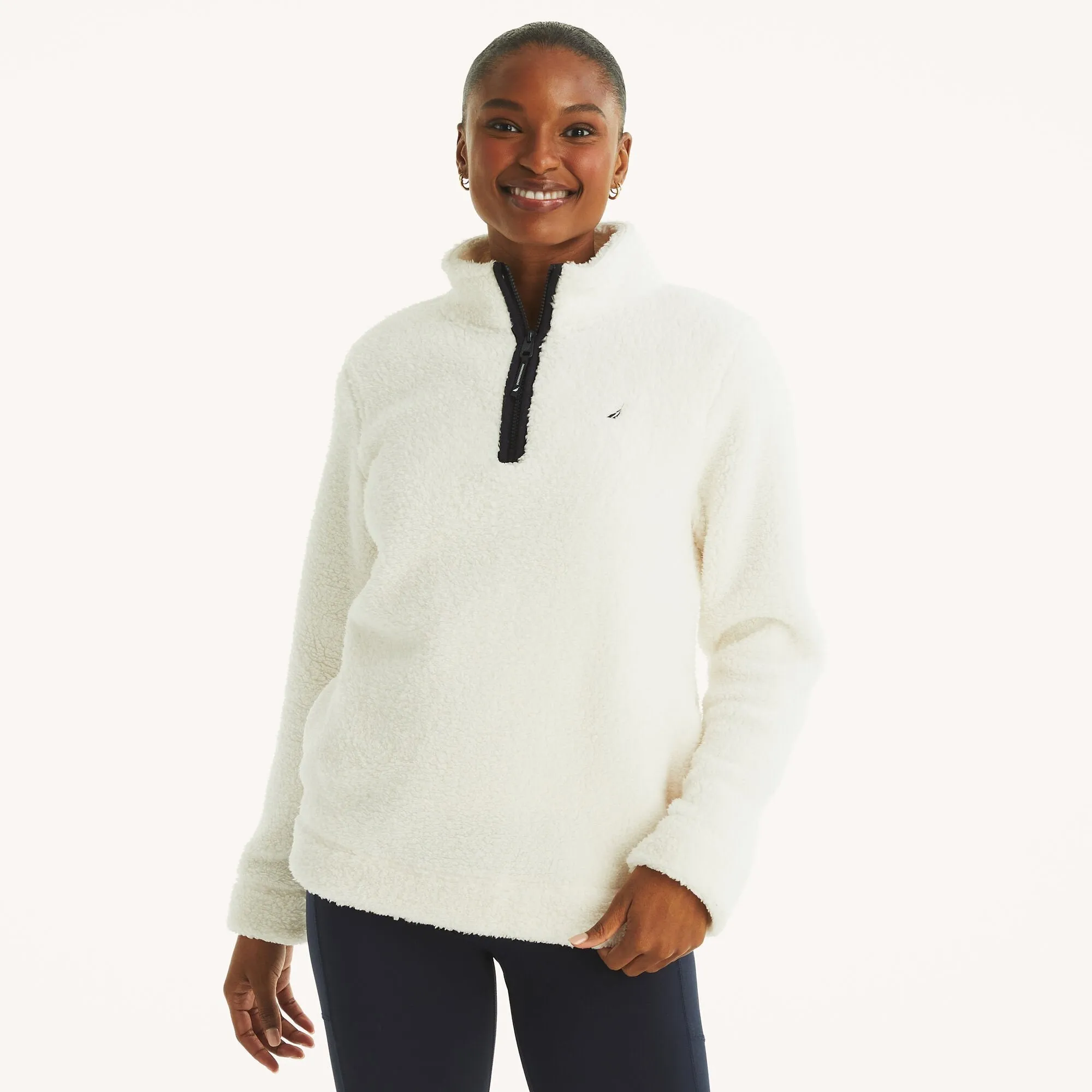 Nautica Womens Quarter-Zip Faux Shearling Pullover