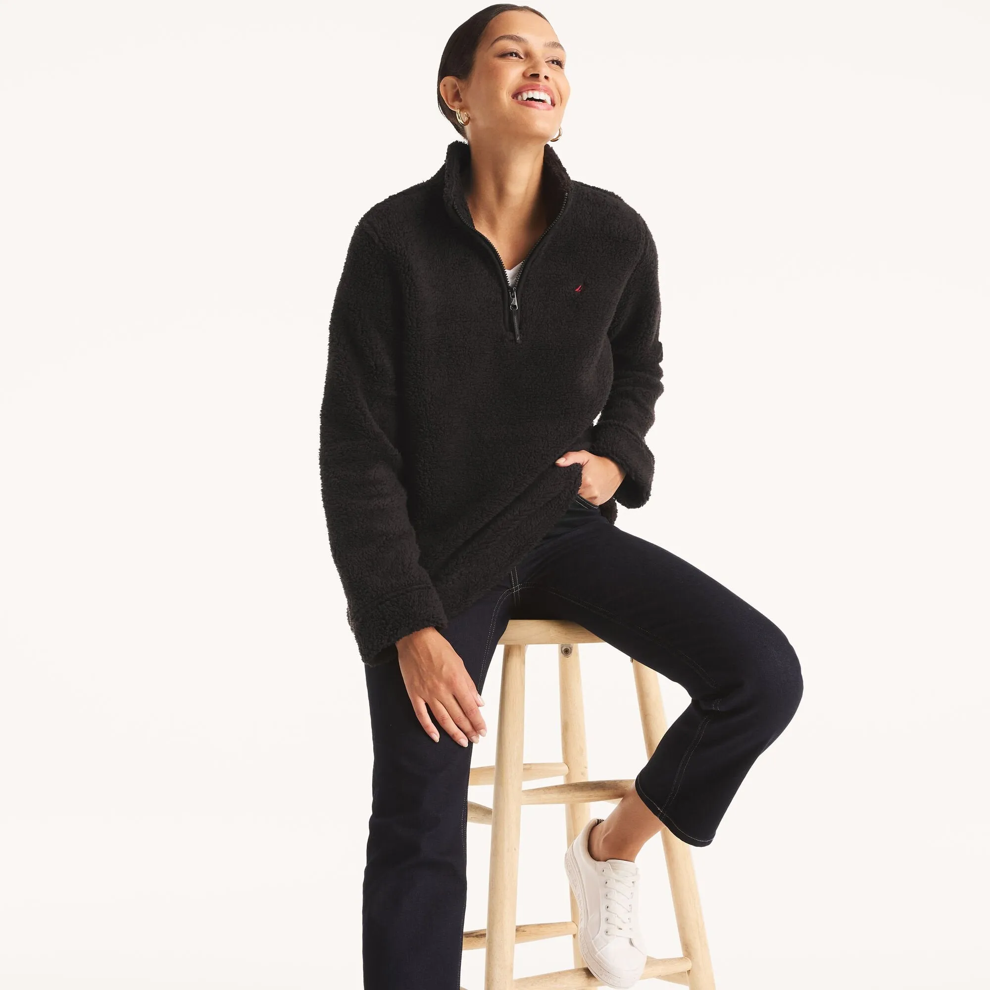 Nautica Womens Quarter-Zip Faux Shearling Pullover