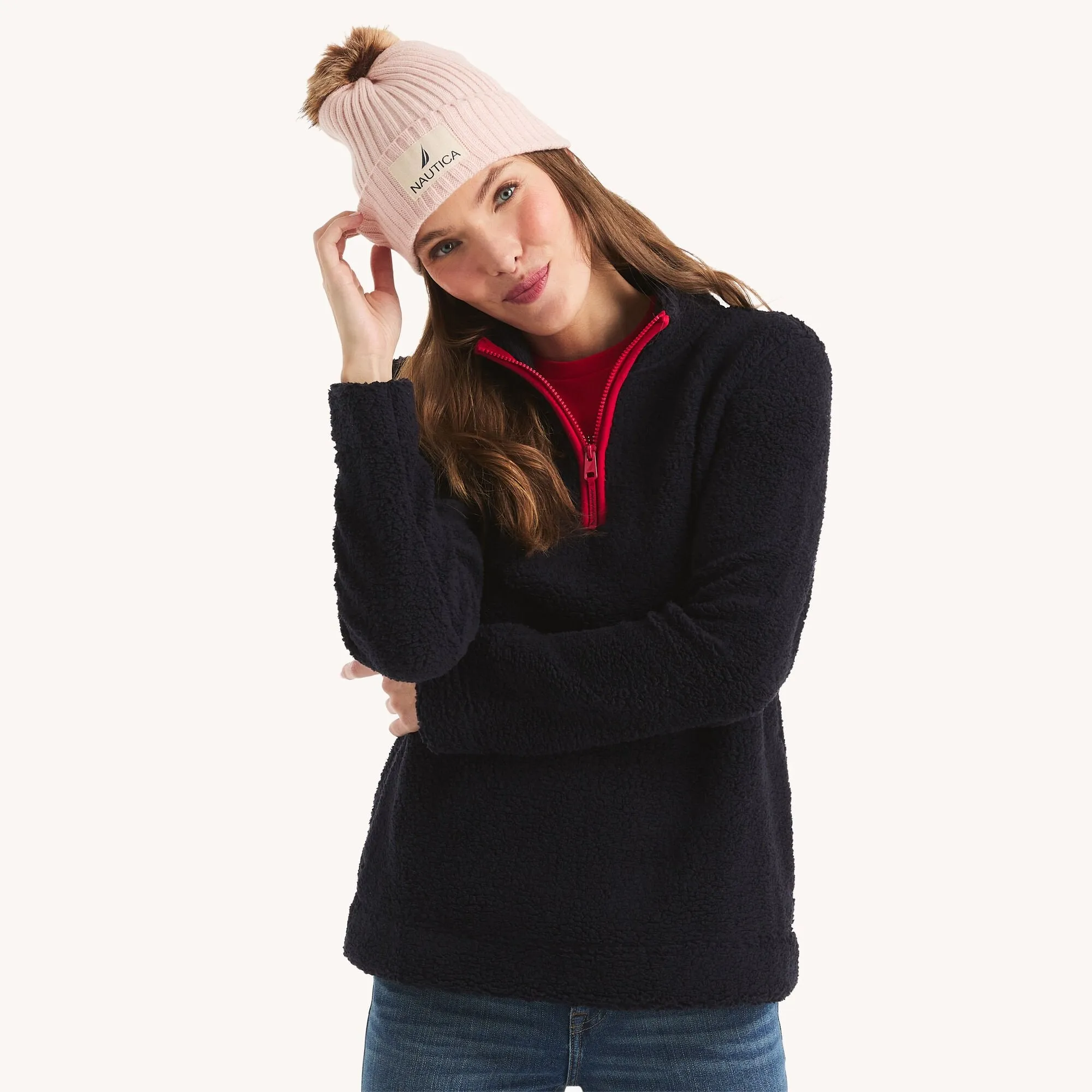 Nautica Womens Quarter-Zip Faux Shearling Pullover