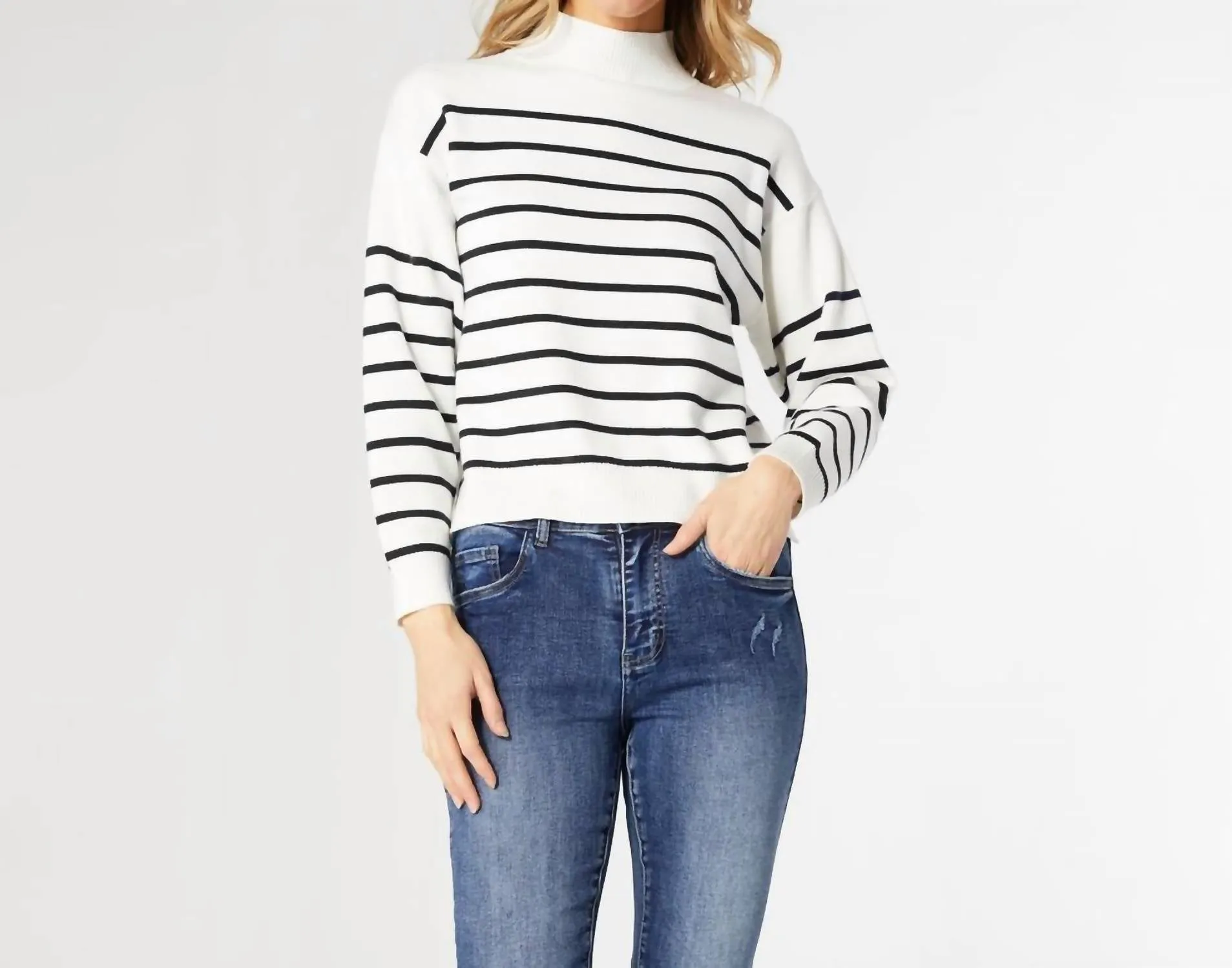 Neve Stripe Mock Neck Sweater In Black And White