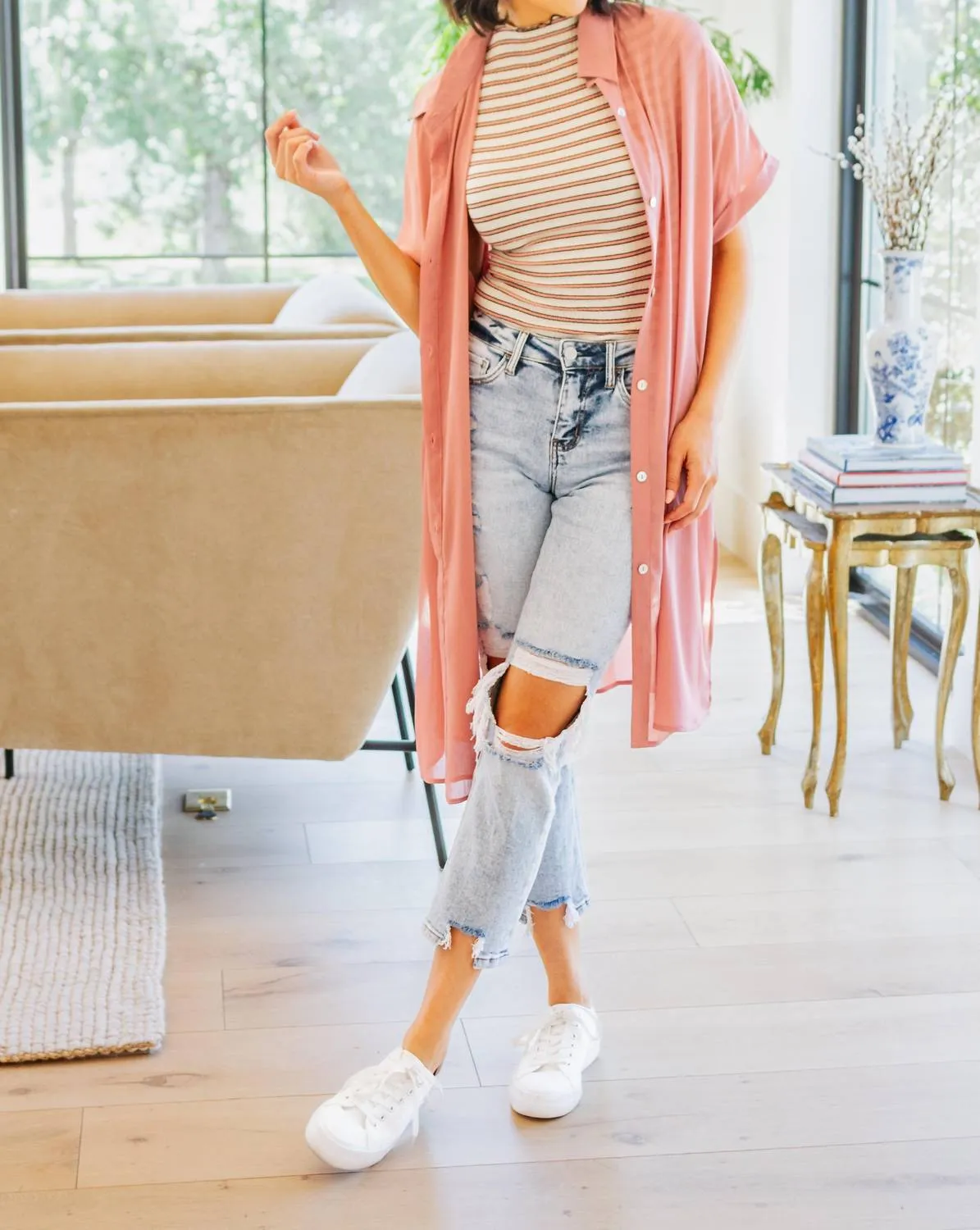 Nostalgic Note Striped Mock Neck Top In Beige