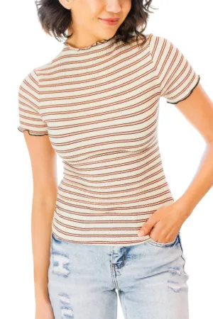 Nostalgic Note Striped Mock Neck Top In Beige