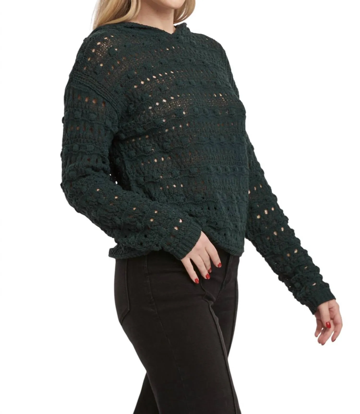 Olsen Pointelle Hoodie Sweater In Dark Moss